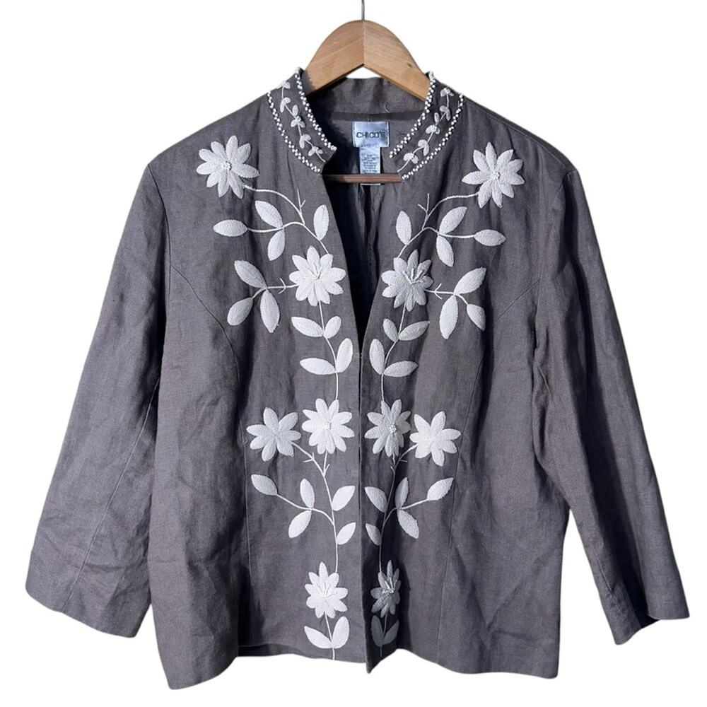 Chicos Linen Floral Embroidered Beaded Cardigan Size 2 (US Large)